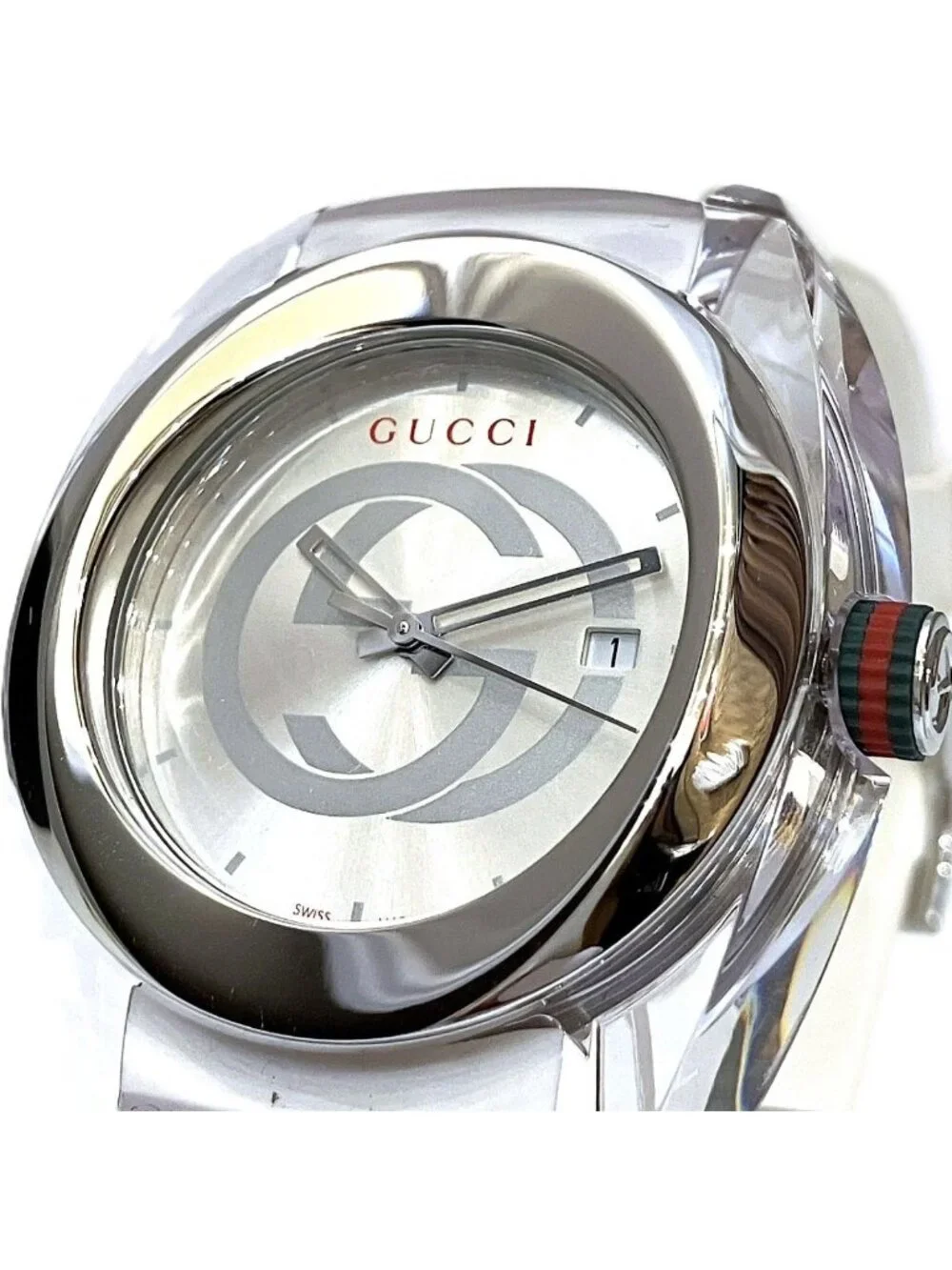 Gucci Sync Sherry Watch SS Rubber Quartz Silver Dial 137.1